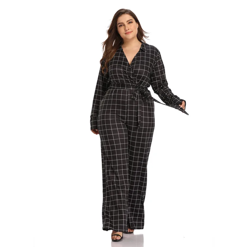 

WHZHM Autumn Plus Size 3XL Plaid Sashes Jumpsuits Women Deep V-Neck Loose Sexy Black Pockets High Waist Lacing Jumpsuits Ladies