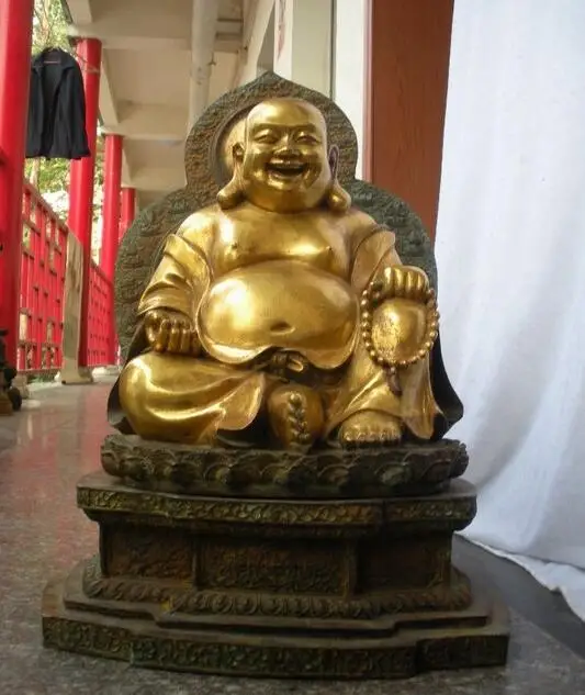 

20"China Buddhism Copper Bronze Gild Happy Laugh Maitreya Buddha Statue