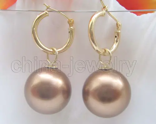 

16mm coffee south sea shell pearl earring-14k gold filled hoopNoble style Natural Fine jewe FREE SHIPPING