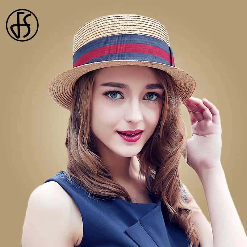 FS Women Sun Hat Beach 2019 Summer Flat Top Wide Brim Straw Boater Hats