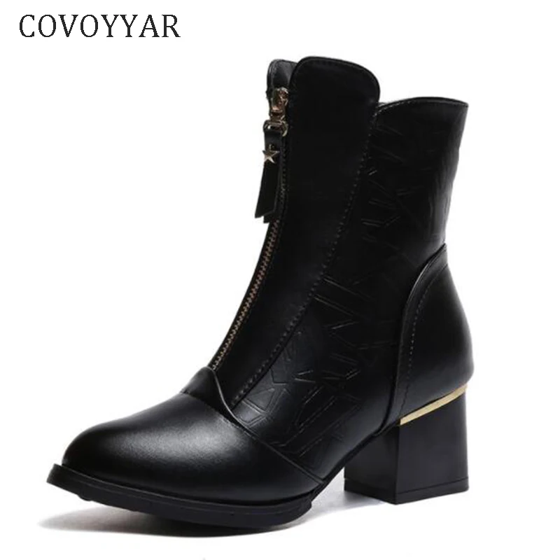 Koop COVOYYAR 2018 Laarzen Vrouwen Winter Herfst Schoenen Vrouw Geblokkeerd Hak Puntschoen Lady Enkellaarsjes Zwart bruin Booties WBS484