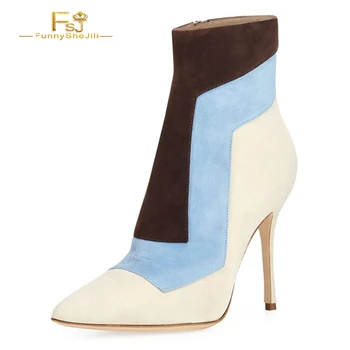 

Woman Shoes Ankle Boot Brown Blue and White Joint Pointy Toe Stiletto Heel Ankle Booties FSJ Size 42 Mixed Color Flock Zipper