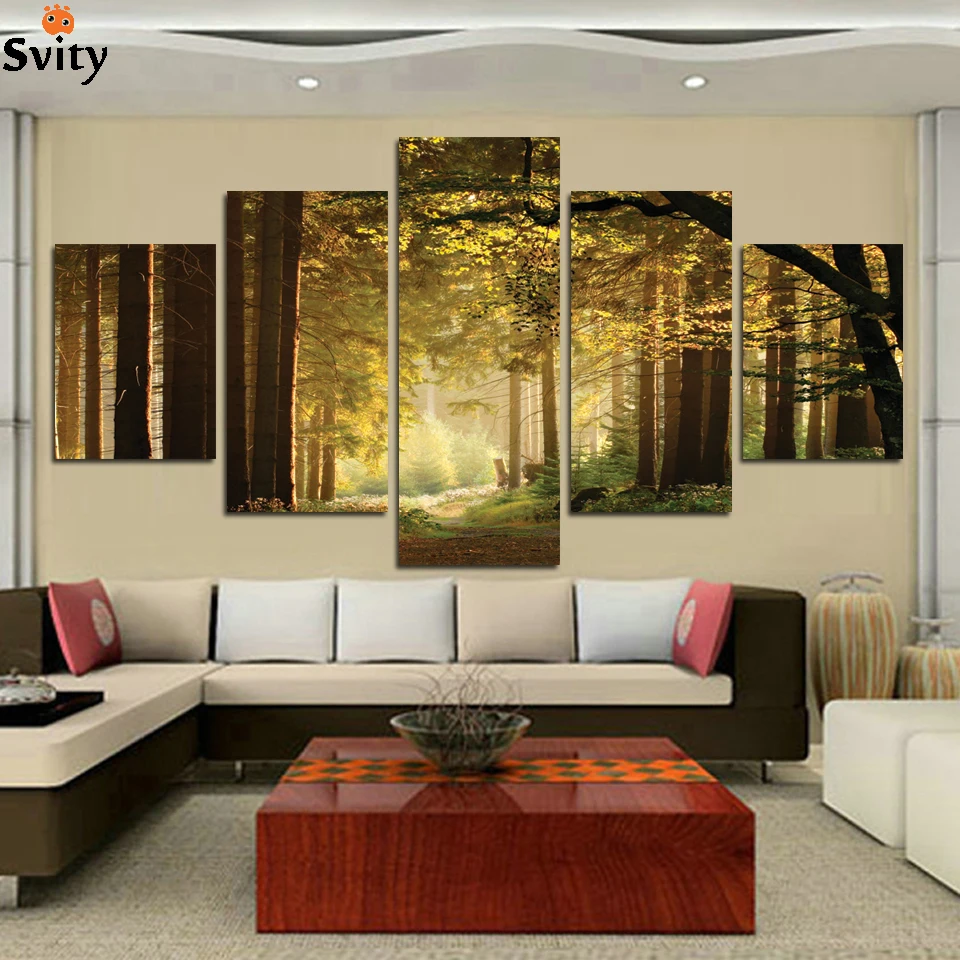 5 panel Art Forest street Landscape Oil Painting Print On Canvas Scenery Painting Wall Decor sitting room bedroom No Framed A95