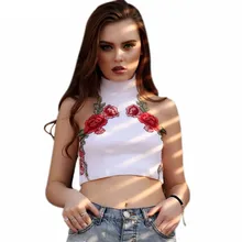 Женские модные летние топы с цветочной вышивкой, с высоким воротом, без рукавов, с открытой спиной, бандажный Топ, жилет, белый, черный цвет, Майки