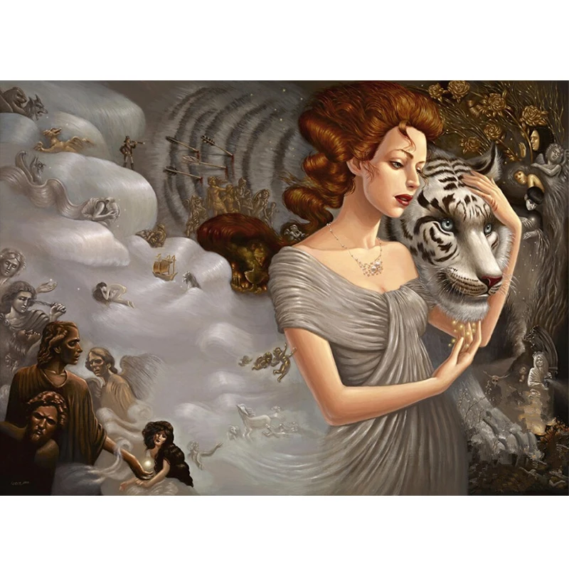 Needlework Diy 5D Resin Diamond Painting Cross Stitch Full Diamond Embroidery Girl with White Tiger Rhinestone Pasted Painting