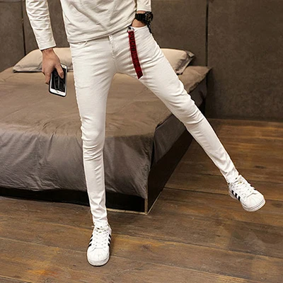Idopy мужские обтягивающие джинсы, однотонные, корейский стиль, зауженные, тянущиеся, эластичные, удобные, уличный стиль, узкие брюки для молодежи - Цвет: Белый