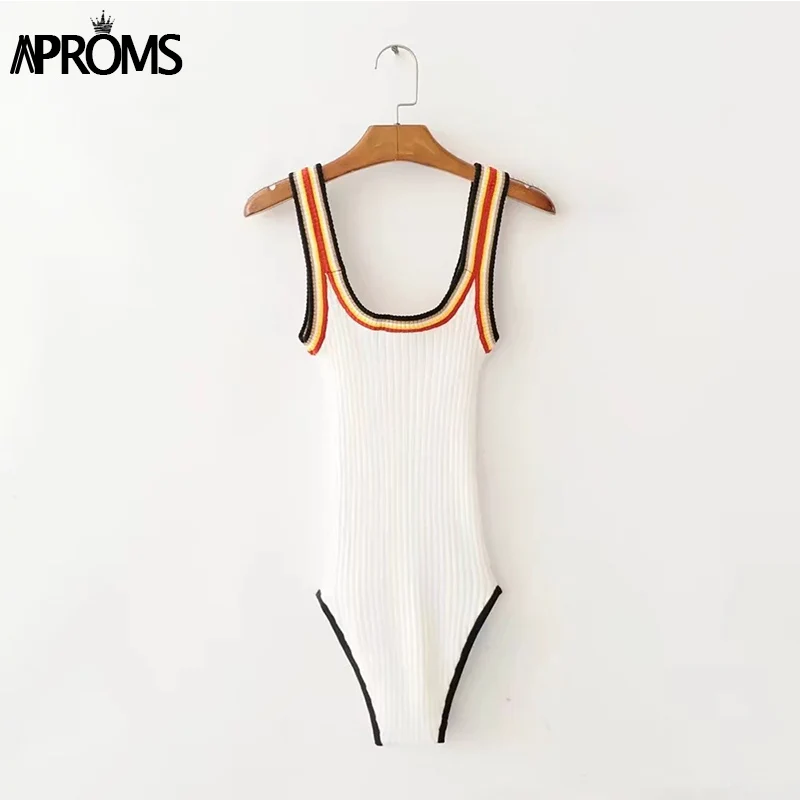 Aproms Colorful Striped Knitted Bodysuits Women Casual Sleeveless Slim Bodycon Rompers Streetwear Jumpsuit Overalls Knitting Top Aproms Colorful Striped Knitted Bodysuits Women Casual Sleeveless Slim Bodycon Rompers Streetwear Jumpsuit Overalls Knitting Top