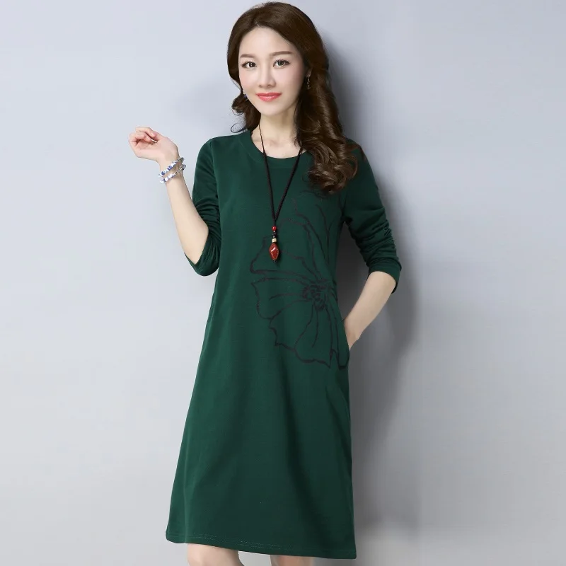Хлопковое винтажное платье с длинным рукавом и цветочным принтом размера плюс, женское повседневное свободное платье средней длины на осень и весну, элегантная одежда vestidos, платья - Цвет: Зеленый