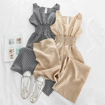 

2019 Summer Bandage Long Jumpsuits Women Casual Elegant Sleeveless Playsuit Plaid Female Yellow Party Wide Leg Rompers