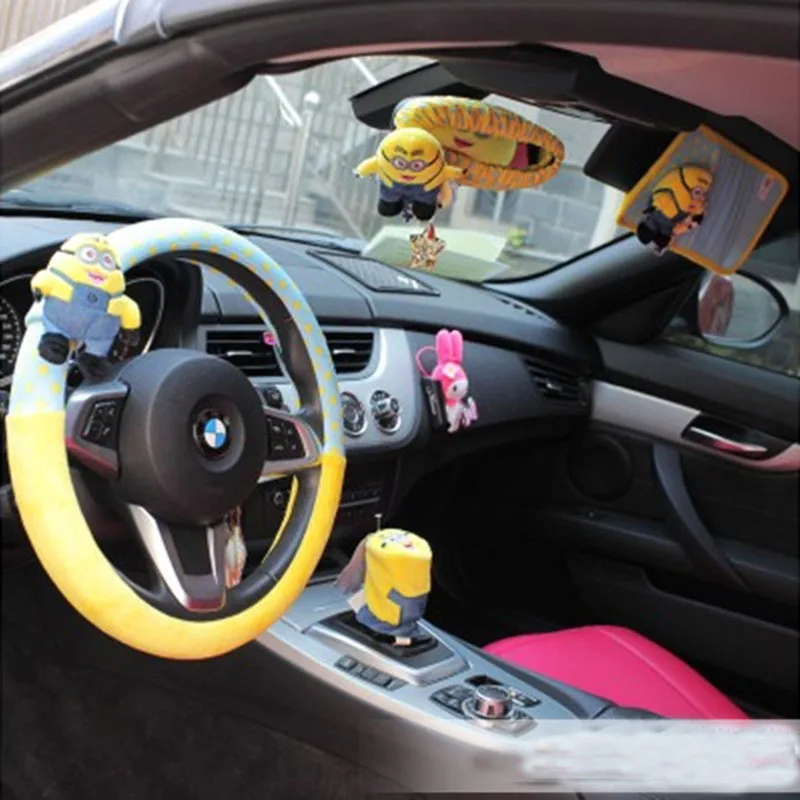 Us 6 98 15 Off Minions Car Interior Decoration Accessories Short Plush Cartoon Steering Wheel Cover Seat Belt Covers Neck Pillow Set In