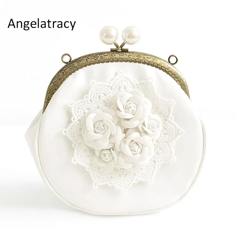 

Angelatracy 2018 Handmade Small Mini Bag White Lace 3d Flower Vintage Pearl Mouth Gold Package Hasp Shoulder Bag Crossbody Bags