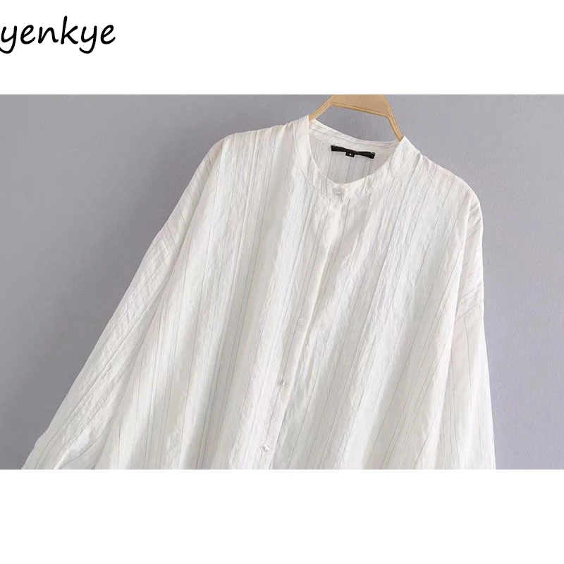 В полоску Oversize Блуза длинная рубашка Для женщин с длинным рукавом и стоячим