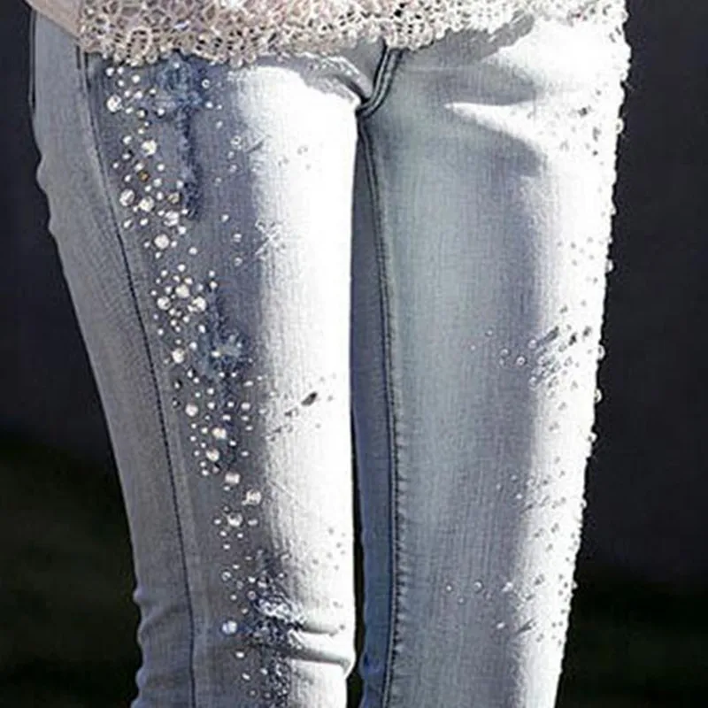 

Women Jeans Pants Beaded Pencil Pants Denim Trousers Light Blue Size S M L XL XXL