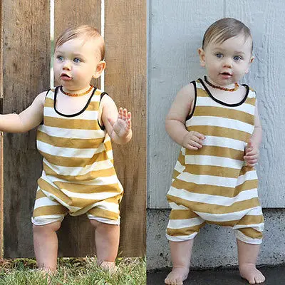 2017 New Cute Summer Newborn Baby Boy Girl Clothes Sleevless Yellow Striped Romper Jumpsuit Baby Sunsuit