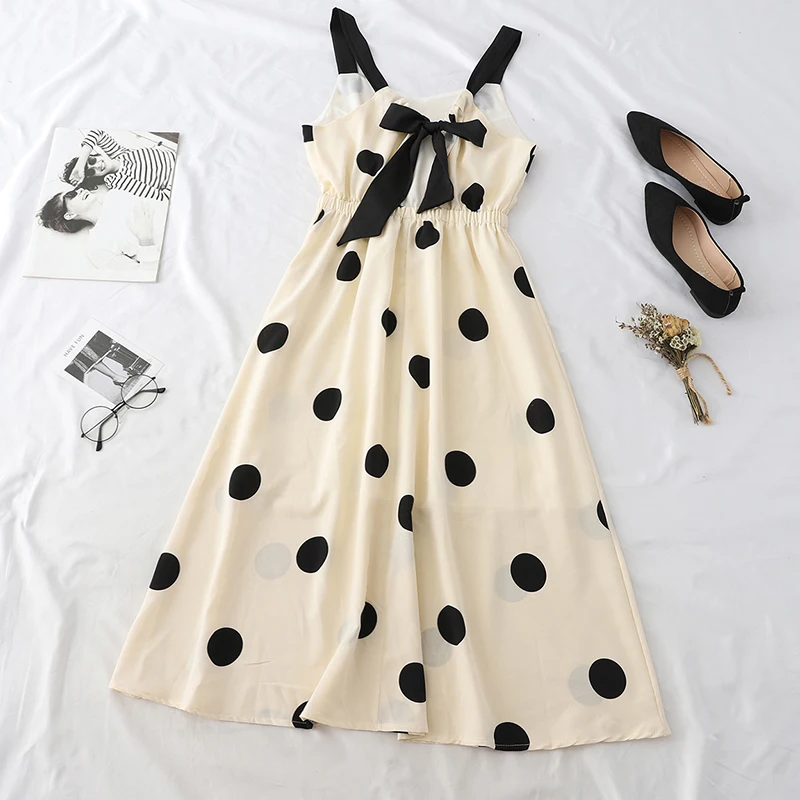 

New Summer Boho Dot Sleeveless Midi Dress Casual Spaghetti Strap Backless Female Long Dress Holiday Bow A-line Black Dresses
