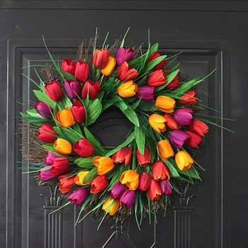 

Artificial Tulip Floral Wreaths Home Garden Wall Hanging Garland Front Door Window Supply for Party DIY Wedding Decoration