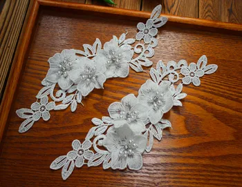 

Size26*8.5cm(3pairs/lot) Off White 3D Floral Flower Motif Lace Applique Lace Patch with Sewed Rhinestones for Wedding