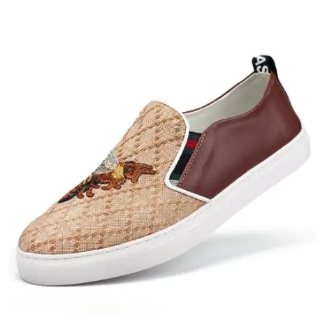 

Fashion Slip-on Brand Mens Casual Shoes Spring/Summer Handmade 3D Embroidery Bee Tiger Loafers Men Canvas Leather Chaussure Flat