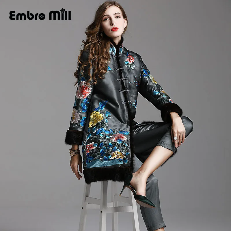 

High-end autumn winter women Windbreaker Coat vintage embroidery slim coat M-XXL