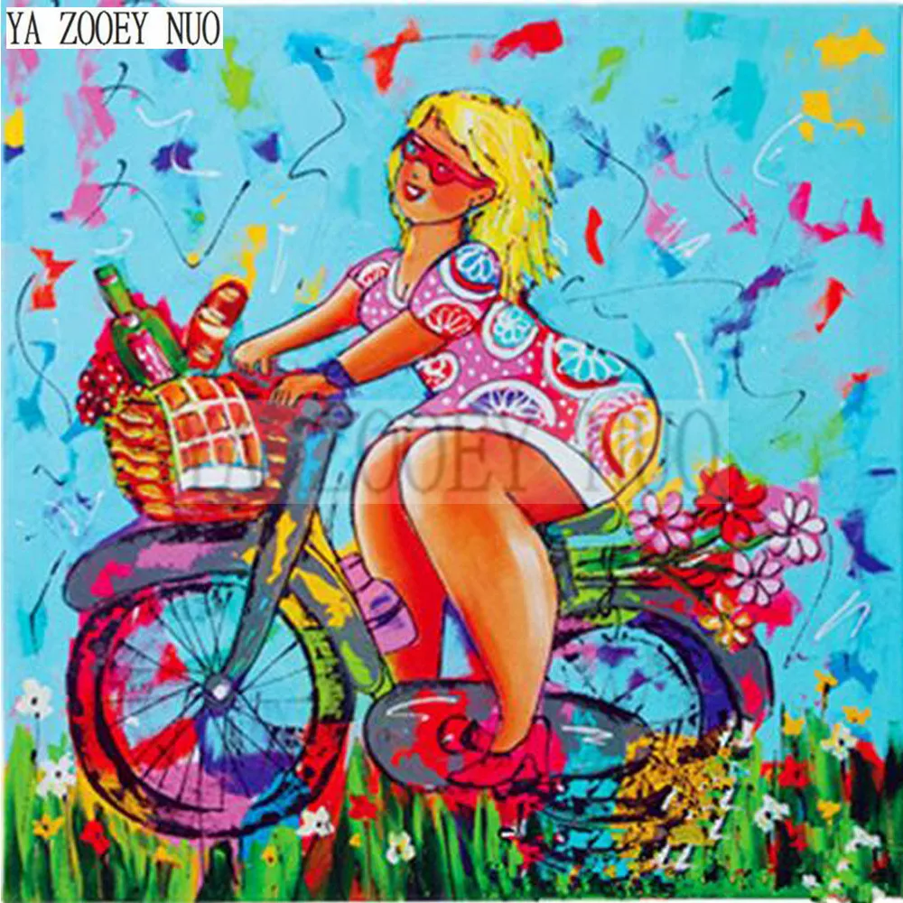 

YA ZOOEY NUO 5D Diamond Embroidery Fat woman riding bike DIY Daimond Painting Cross Stitch round Rhinestones Home Decor K1505