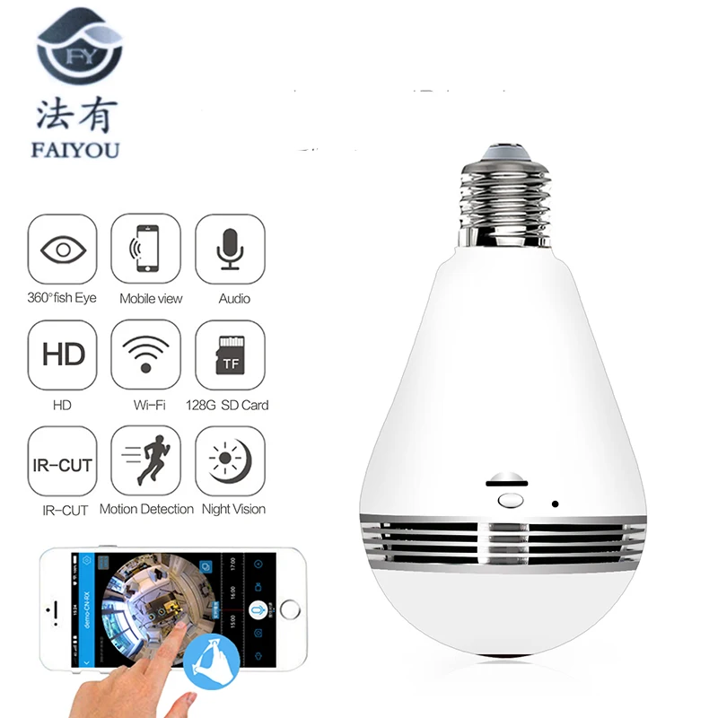 

Bulb Lamp Wireless IP Camera Wifi 960P Panoramic FishEye Home Security CCTV Camera 360 Degree Night Vision Support 128GB