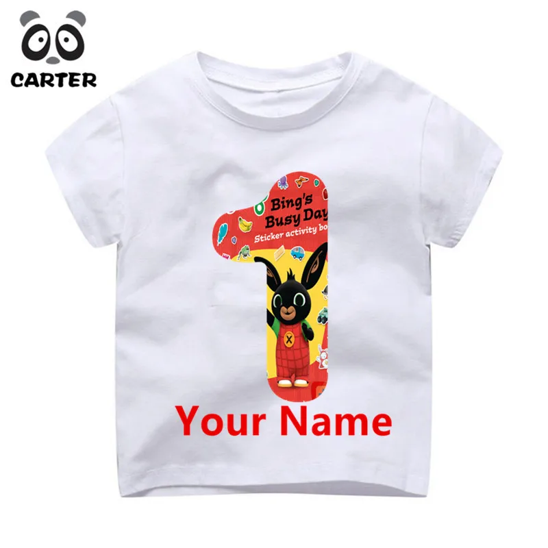 P121-1name Детские футболки Bing Rabbit на день рождения с цифрой 1-9, топ с надписью «Happy Birthday Bing's Busy Day» для маленьких мальчиков и девочек, футболка на заказ, Прямая поставка - Цвет: P121-1name