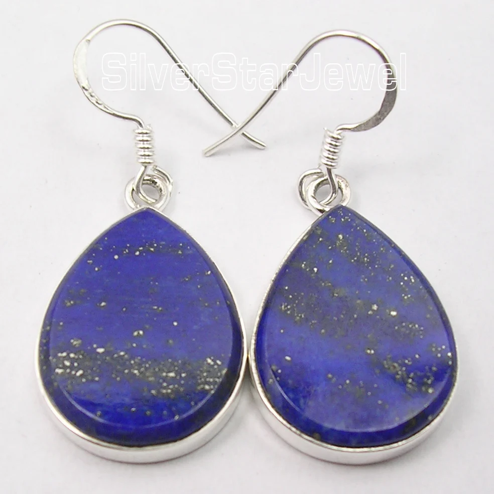 

Chanti International . Silver Dazzling LAPIS LAZULI FLAT GEM FASHIONABLE Earrings 4 CM