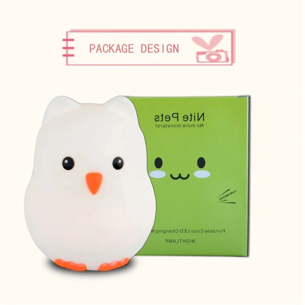 SuperNight Cute Cartoon Owl Bird Hippo LED Night Light Touch Sensor Colorful Silicone Bedside Table Lamp for Children Kids Baby (13)