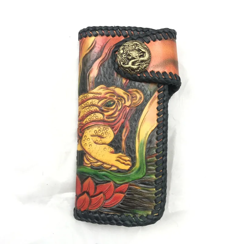

High-valued Fancy Handmade First Layer Genuine Leather Male Card Purse Engraved Cowskin Toad Bufonid Designer Men's Long Wallet
