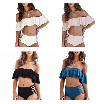 

2019 N Sexy Ruffled Bikini High Waist Flounce Strapless Swimsuit Swimwear Women Bathing Swimsuit Off Shoulder Bikini for Women