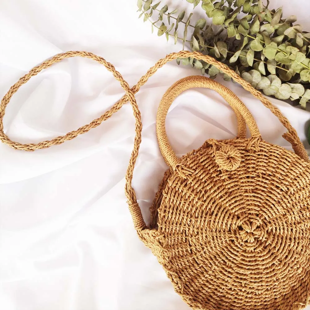 Summer Mini Bohemian Handmade Crossbody Bag Round Straw Beach Bag Girls