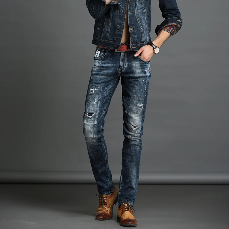 Мужские джинсы slim fit solid destroy wash mid-waist мужские Джинсы Новое поступление длинные брюки повседневные джинсы из денима Прямые брюки