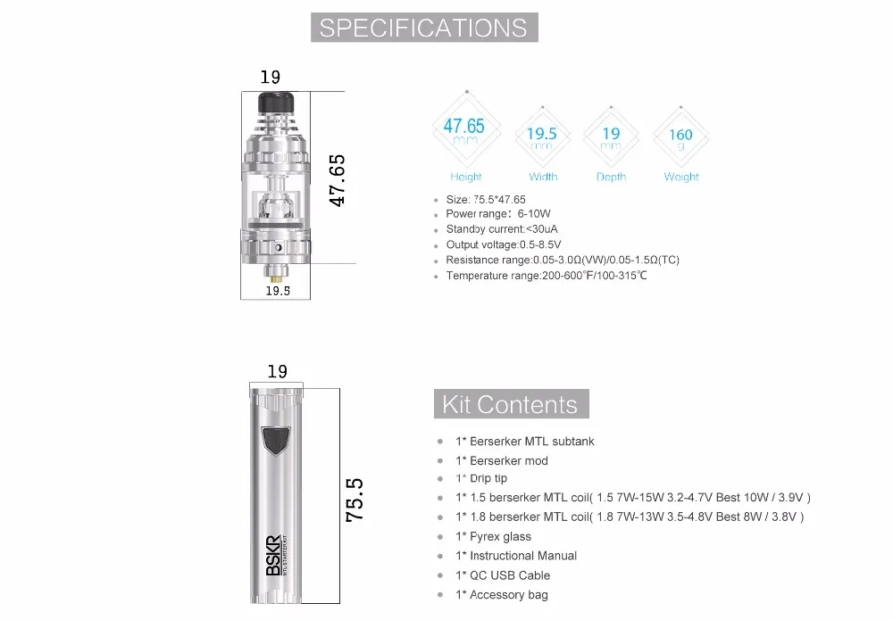 Original Vandy Vape Berserker MTL Kit With 1100mAh Battery MOD and Berserker MTL RTA Subtank Electronic Cigarette Vape Pen 03 (6)