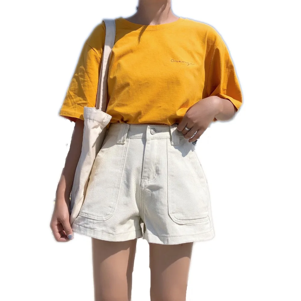 S XL 3 цвета Лето 2019 г. корейский стиль Высокая Талия Короткие джинсы линии широкие