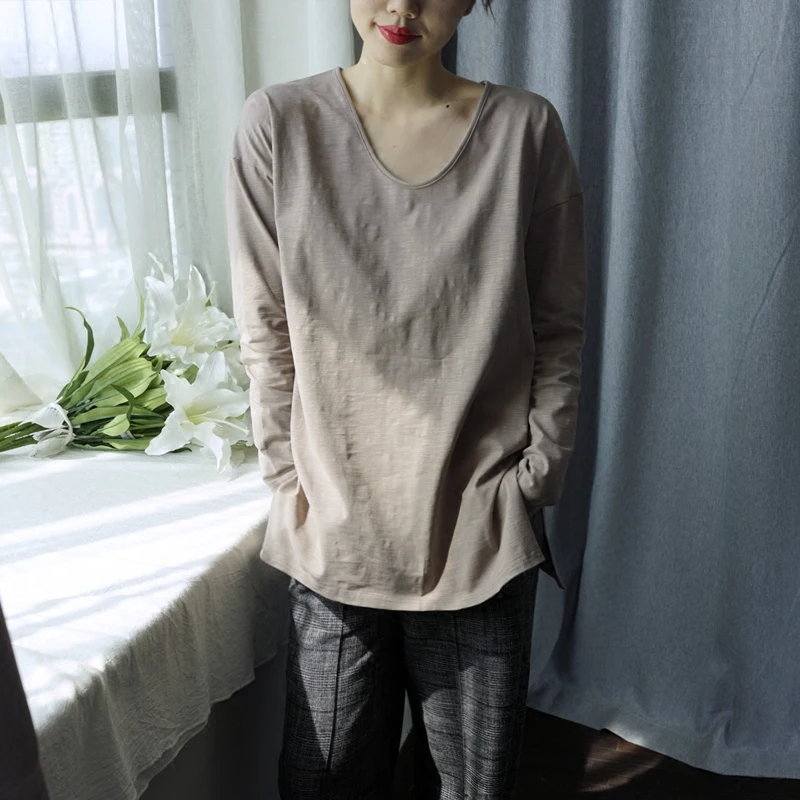 

2019 High Quality Women Loose T Shirts Long Sleeve O Neck Japan Style Oversize Casual Slub Cotton Tee Top Plus Size