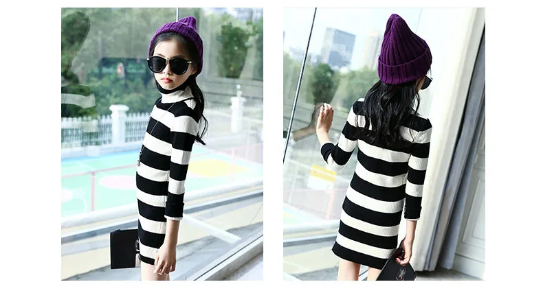 high neck knitted sweater dress girl kid autumn winter long sleeve white black striped knitting girl dresses turtleneck sweaters  5 6 7 8 9 10 11 12 13 14 15 years little teenage big girls stripe dress sweater dresses for winter (4)