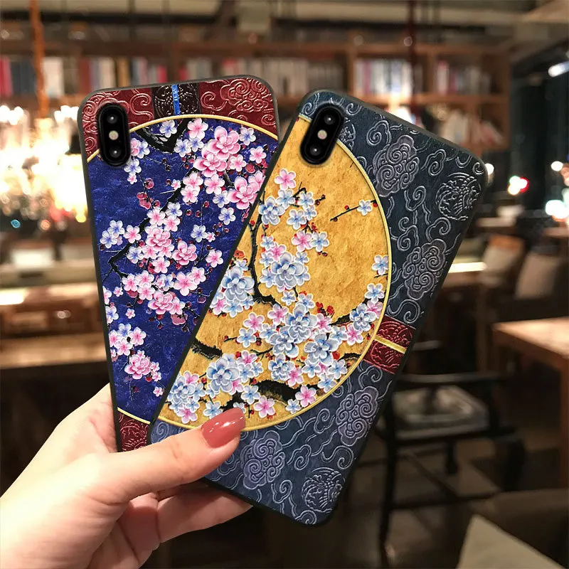 

NEW Plum Blossom Waterproof Vintage Phone Case For iPhone 6 6s 7 8 Plus Emboss TPU Soft Back Cover For iPhone XSMax X XS XR Case
