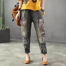 Весенние джинсы, Ретро стиль, женские свободные джинсовые штаны, эластичная резинка на талии, с карманами, с вышивкой, с дырками, повседневные женские джинсовые брюки