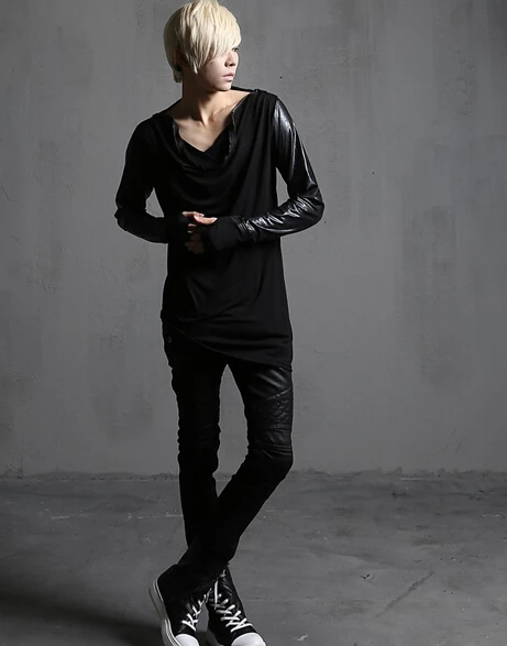 Модная крутая Мужская футболка в стиле панк, длинный кожаный рукав, перчатка на молнии, черный цвет, облегающая одежда в стиле рок, готика