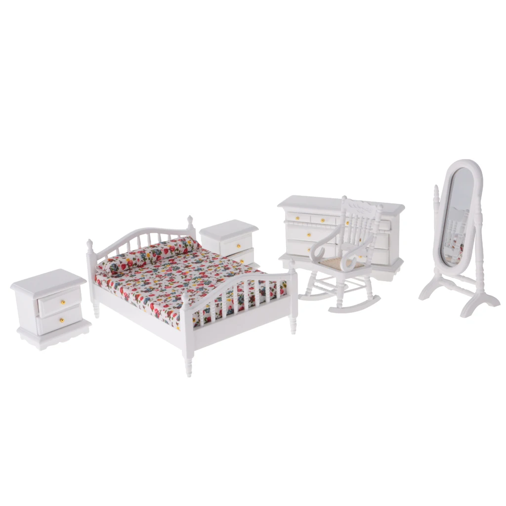 6Pieces 1:12 Scale Dollhouse Miniature Furniture Set White Wooden European Retro Bedroom Accessories Kids Pretend Play Toys