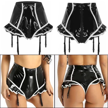 

iiniim Womens Sexy Underwear Ruffled Lined Zipper Crotchless Lingerie Panties with Plastic Garters Surspender Holding Stockings