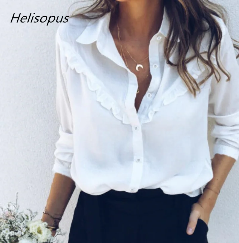 

Helisopus Long Sleeve Shirt Women 2019 Spring Ruffled Button White Shirts Casual Tops Women