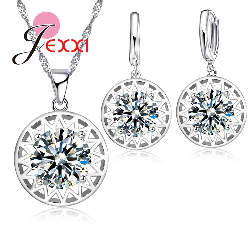 

Trendy Round Sun Crystal Stone Pendant Jewelry Set Woman Simple Decoration Neckalce Earrings 925 Sterling Silver