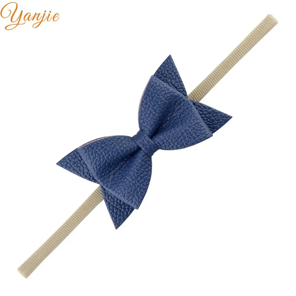 navy 18 шт./лот, 3 дюйма, кожаный бант из нейлона, повязки на голову для девочек, мини-кожаный бант из нейлона, эластичная повязка на голову, детский однотонный бант для волос, аксессуары для волос - Цвет: navy