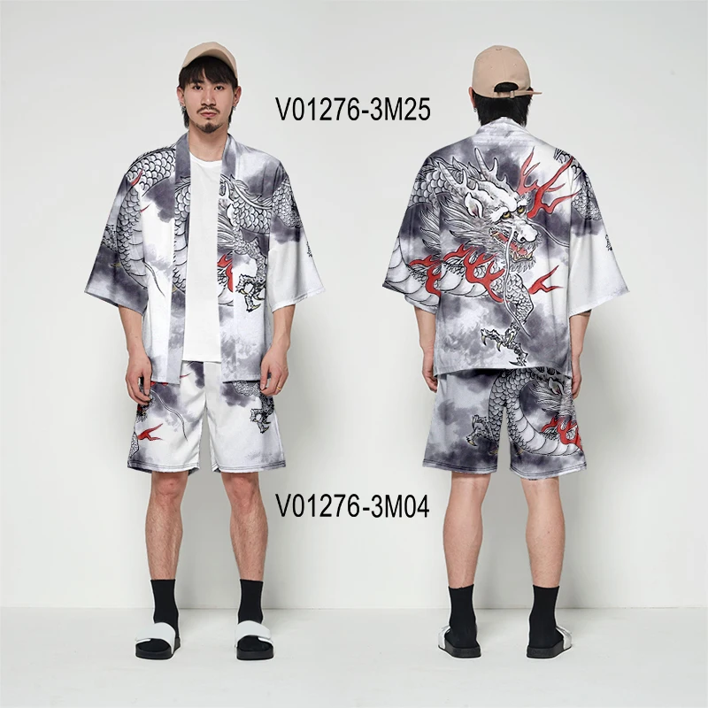 V01276 WAMNI модное японское кимоно с рукавами «летучая мышь» Летняя Повседневная 3D рубашка и шорты мужские и женские винтажные домашние кимоно комплект из двух предметов - Цвет: V01276