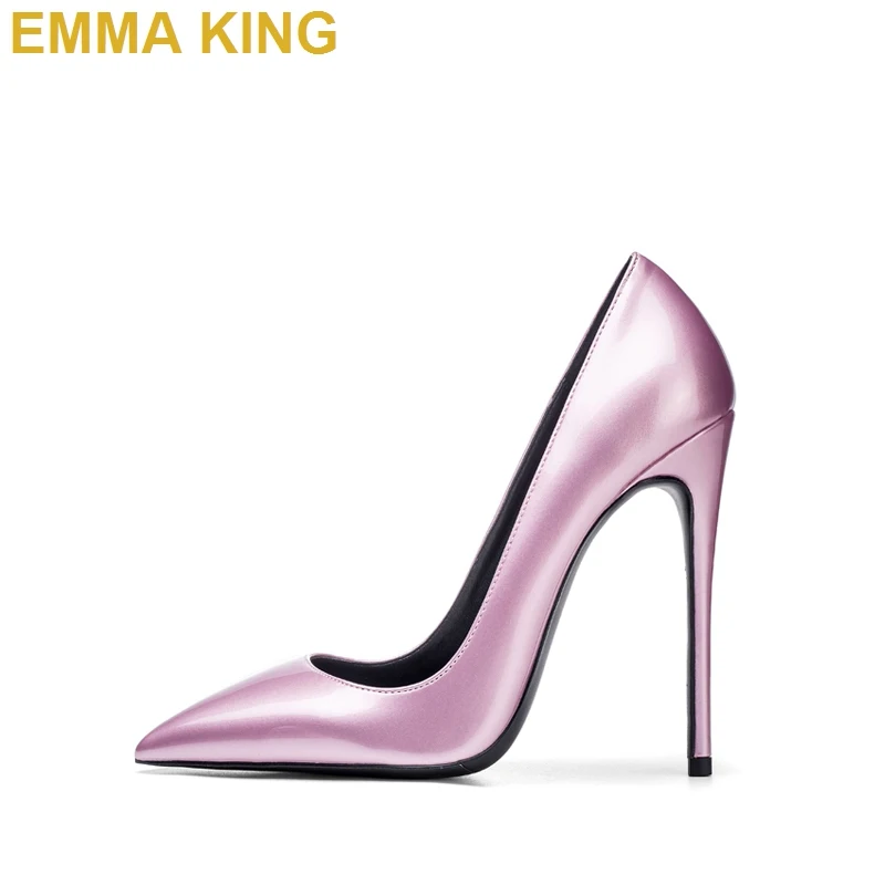 

EMMA KING Fashion Pink Women Pumps Shoes Summer 2019 Office Lady Pointed Toe Stiletto Heels Patent Leather Dress Shoes Plus Size