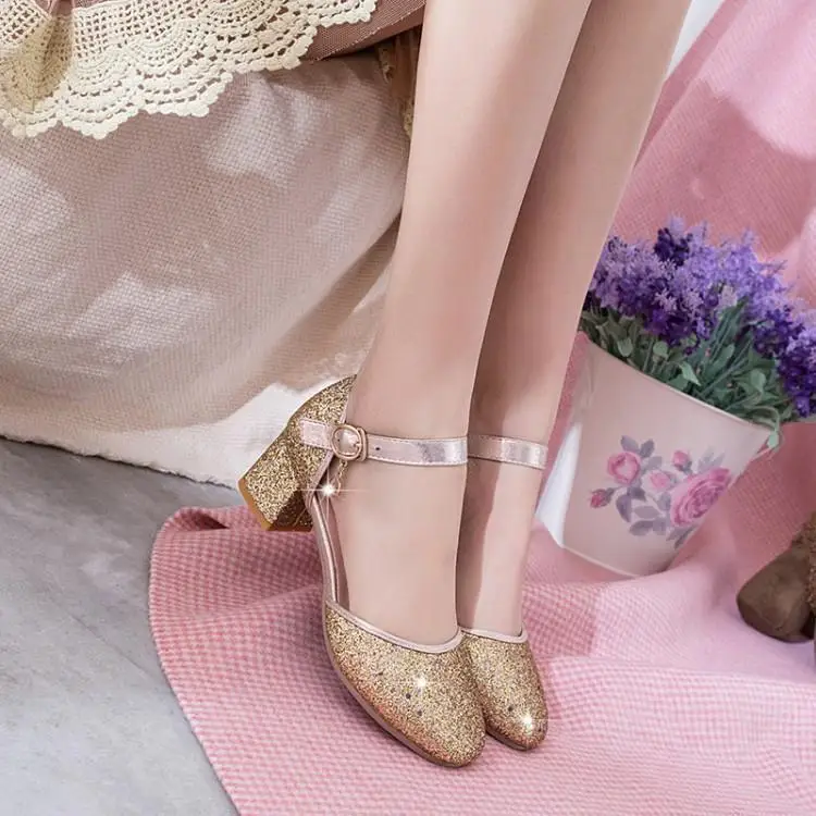 

Gold Heels Pumps Women Shoes Bling Bling Female Wedding Shoes Gold Silver Buckle Strap D'Orsay & Two-Piece Shoes