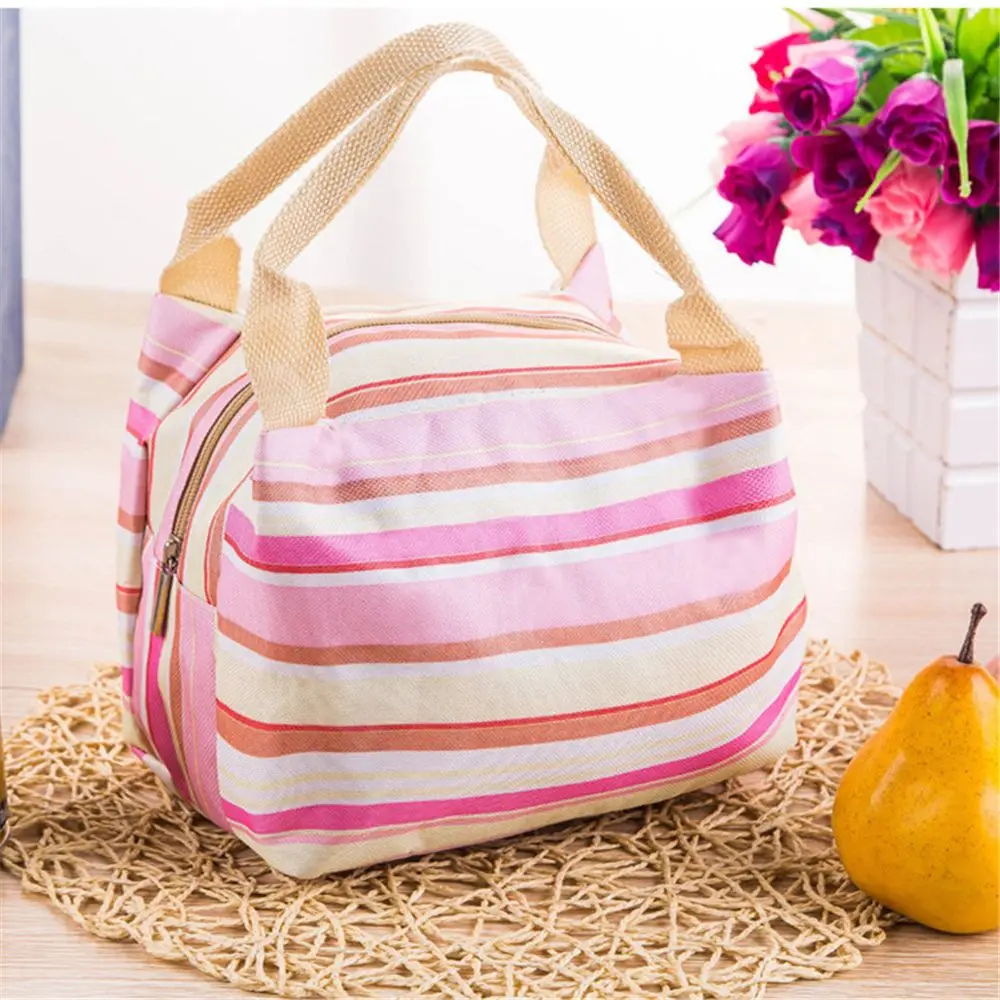 Insulated Canvas Stripe Picnic Carry Case Thermal Portable Lunch Bag For Women Men Girl Kids Children Carry Food Storage Case - Цвет: pink