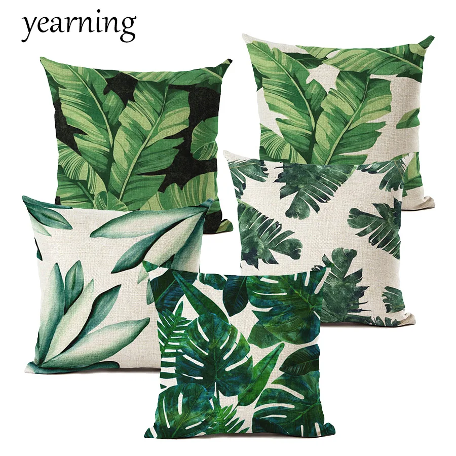 

Tropical Plant Pattern Cushion Cover Palm Leaf Green Leaves Monstera Hibiscus Flower Printed Linen Cotton Throw Pillow Cover