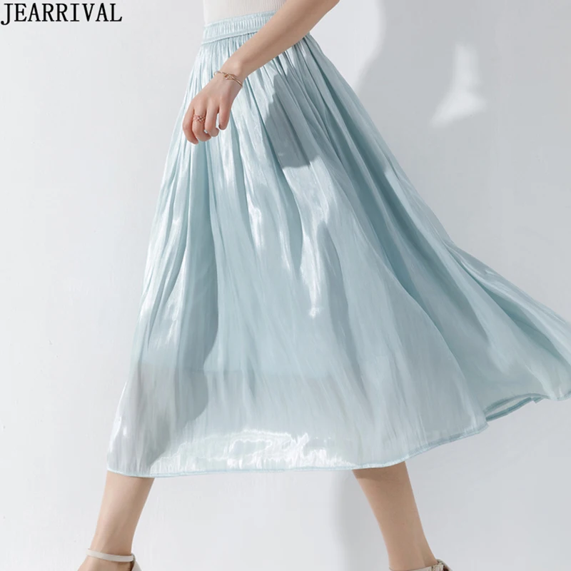 Металлик Цвет длинные юбки женские дизайнер Высокая Талия шелковистой плиссированные юбки корейский стиль женская уличная летняя юбка Saia